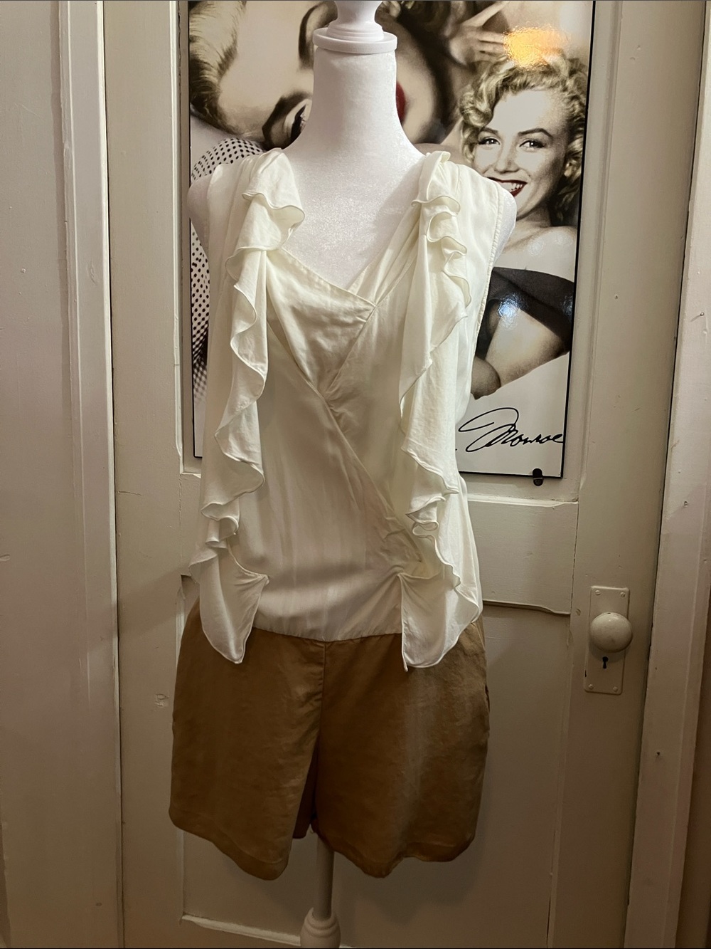 Mage-Women's Cream Ruffle Front Sleeveless Romper
